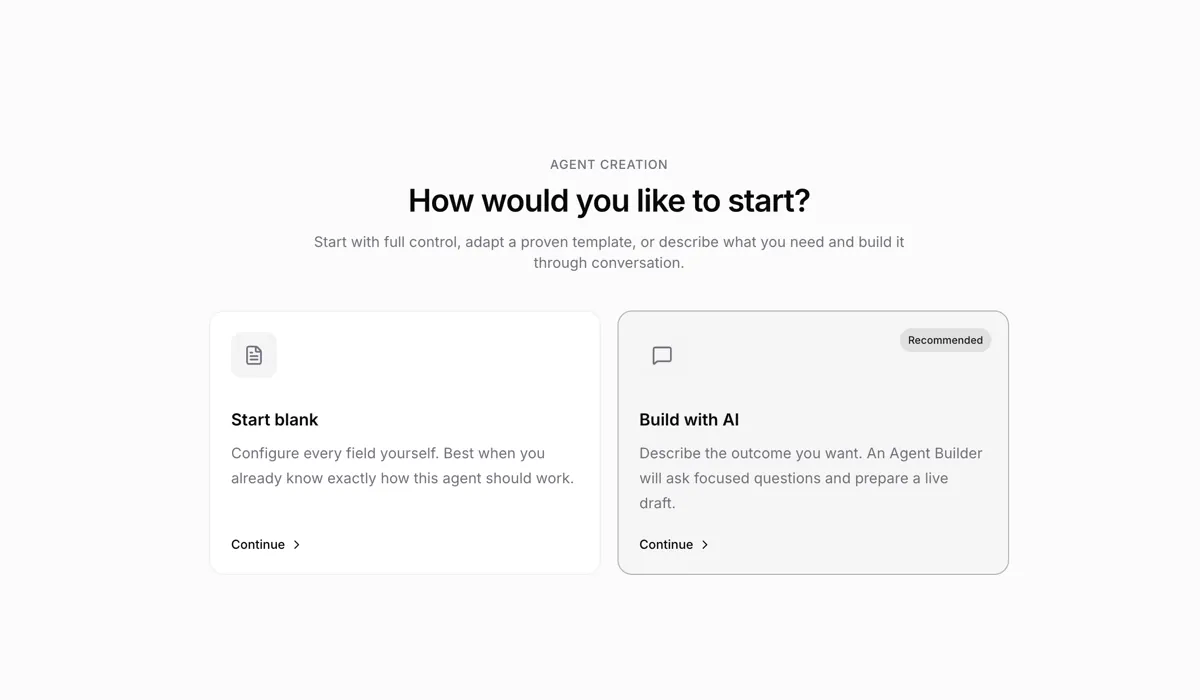 创建智能体的起点选择页：Start blank 与 Build with AI